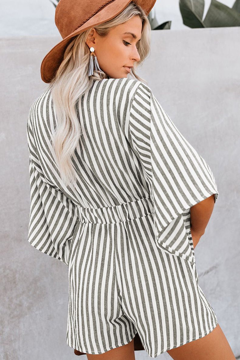 2023 Summer Waist Wrap Slim Stripe jumpsuit Women's Deep V Flare Sleeve 3/4 Pants_voghion.com
