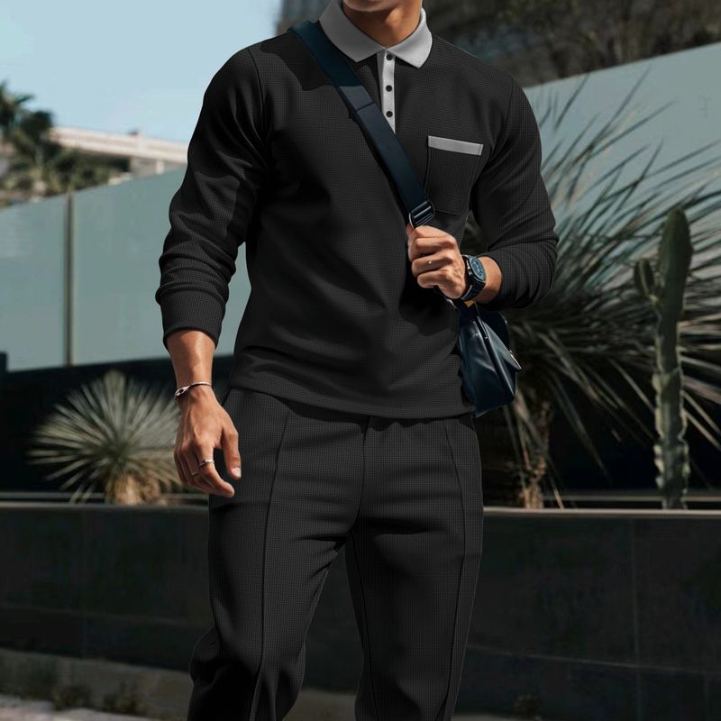 Men's Casual Waffle Knit Long Sleeve Polo & Pants Set - Breathable Comfort, Versatile Styling For Outdoor & Daily Wear_voghion.com