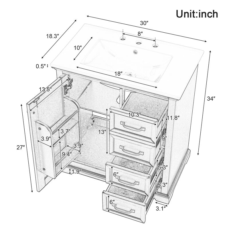 30" Bathroom Vanity With Sink, One Package, Bathroom Cabinet With Drawers, Solid Frame And MDF Board_voghion.com