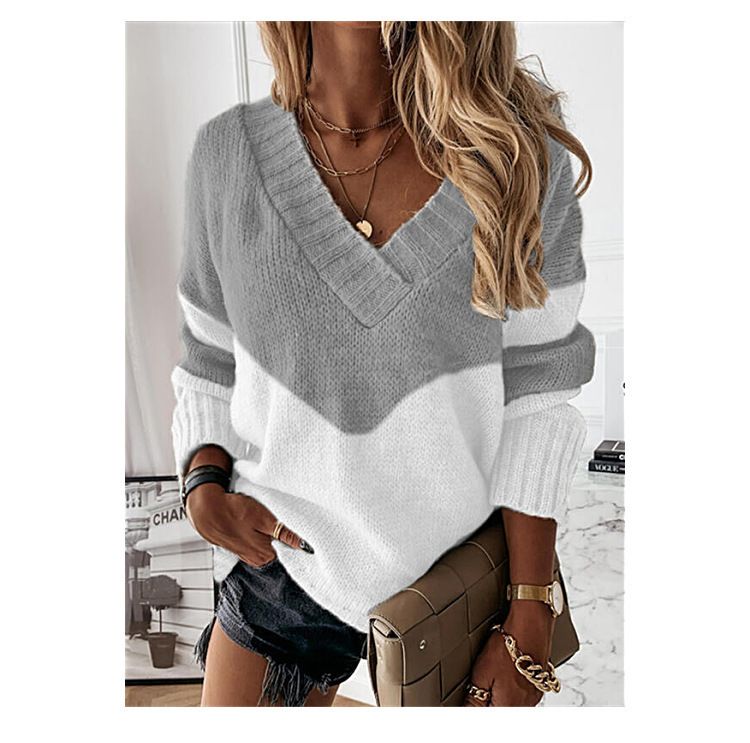 Pull ample à col en v pour femme, pull ample avec couleurs contrastées, automne et hiver_voghion.com