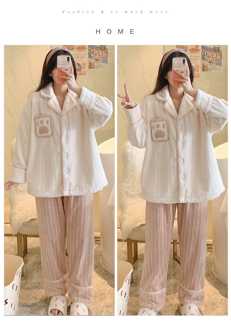 Pigiama da donna in flanella calda e spessa, primavera, autunno e inverno, set da due pezzi_voghion.com