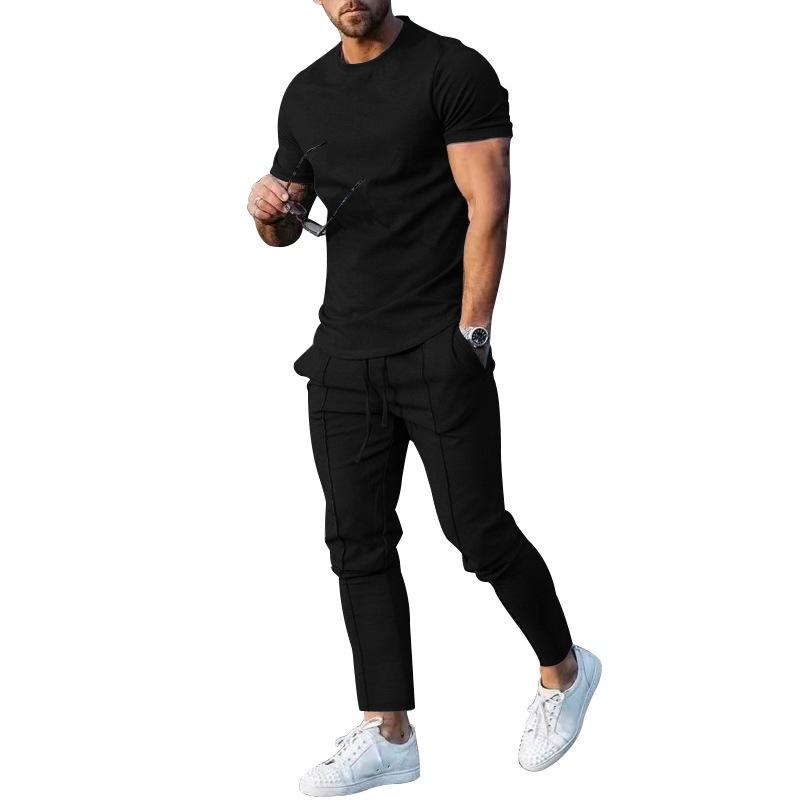 Men's Solid Color Casual Round Neck Short Sleeve Sports T Two-piece Suit_voghion.com