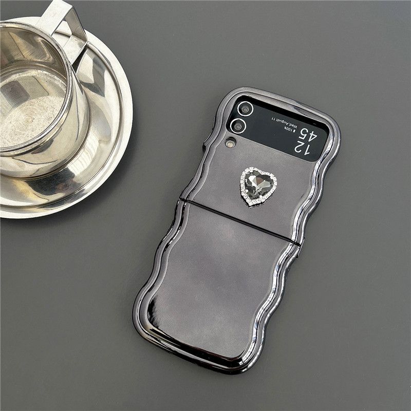 Suitable For Samsung Z Flip 5/4/3 Case With 3D Gem Heart – Cute TPU Shockproof Cover + Detachable Chain (Grey/Blue) – Trendy Flip Phone Accessory_voghion.com