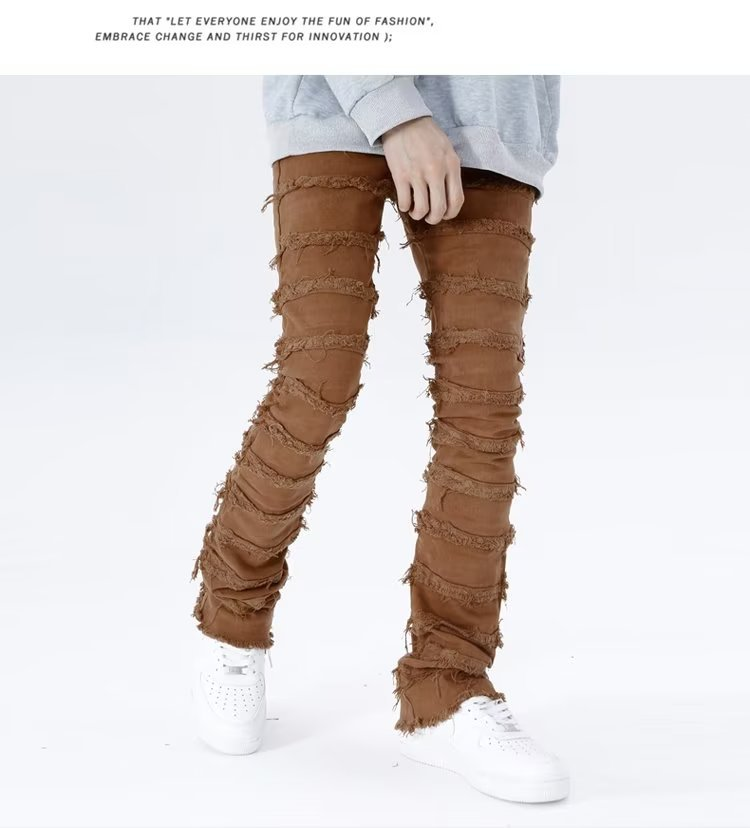 Nieuwe trendy Amerikaanse slanke meerkleurige casual jeans, losse bootcut jeans met ruwe rand en split op straat voor heren_voghion.com