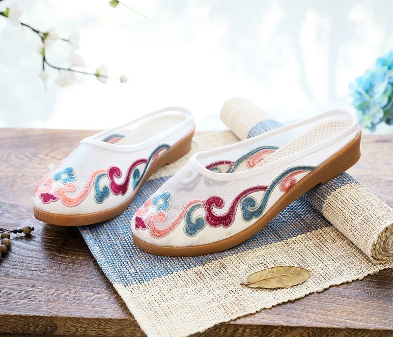 Slippers, Mesh Embroidered Fabric Shoes, Summer Cow Tendon Soles, Casual Women's Outerwear Sandals_voghion.com