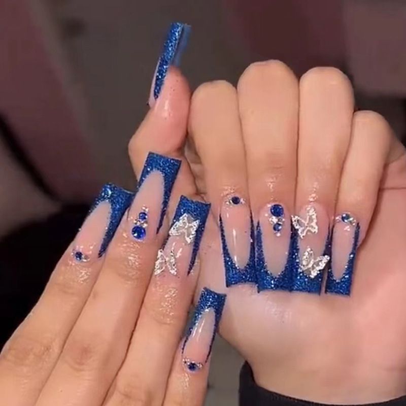 Unghie lunghe da balletto, brillantini, argento francese, farfalla blu zaffiro, punte per unghie indossabili, prodotto finito_voghion.com