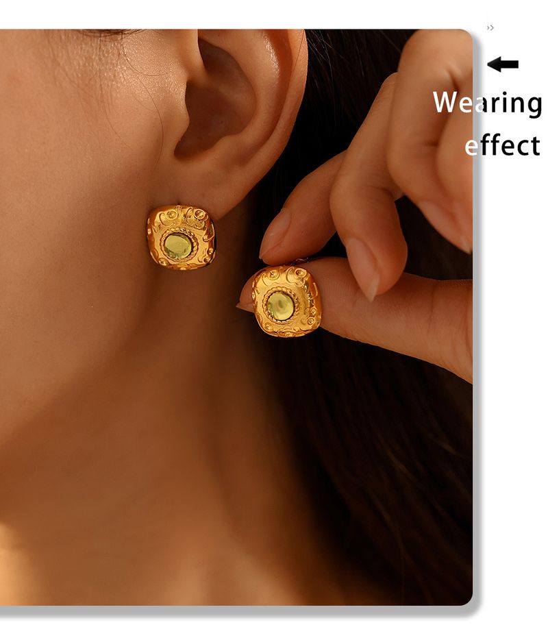 Vintage Square Earrings Threaded Green Glass Earrings Court Style Open Ring Set_voghion.com