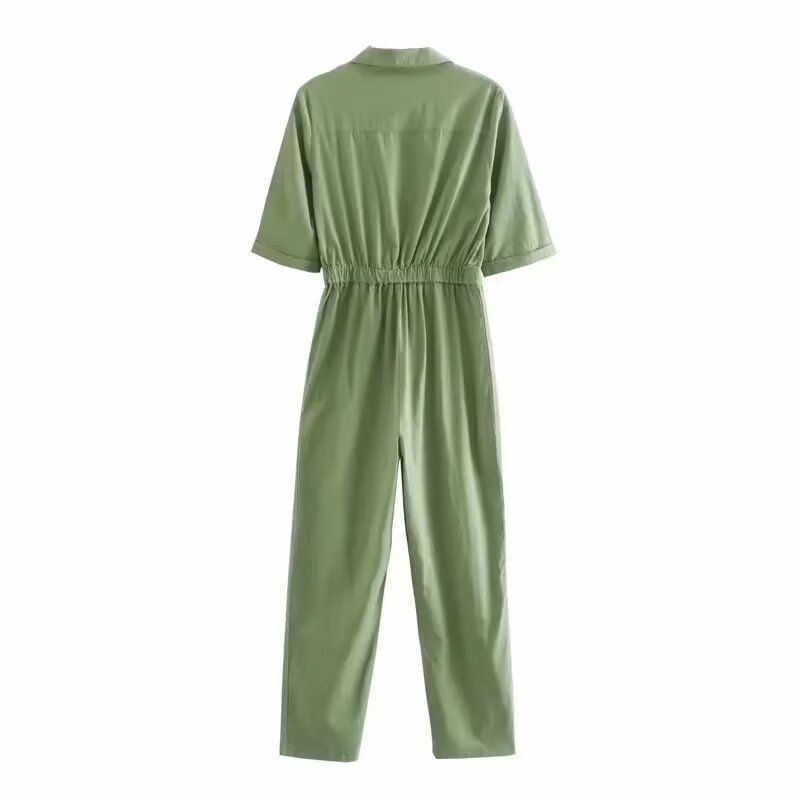 Mono de lino liso de manga corta para mujer, apto para todas las estaciones, verano 2024, color verde militar y caqui, talla 2524_voghion.com