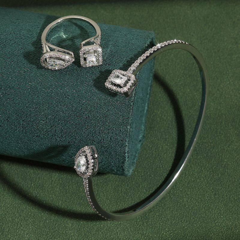 Bijuterii pentru damă, cu capăt deschis, în formă de lacrimă, cu diamante, cu zircon, brățară, inel, set de două piese, cu diamant pătrat de calitate superioară, bijuterii reglabile, bijuterii de mână_voghion.com