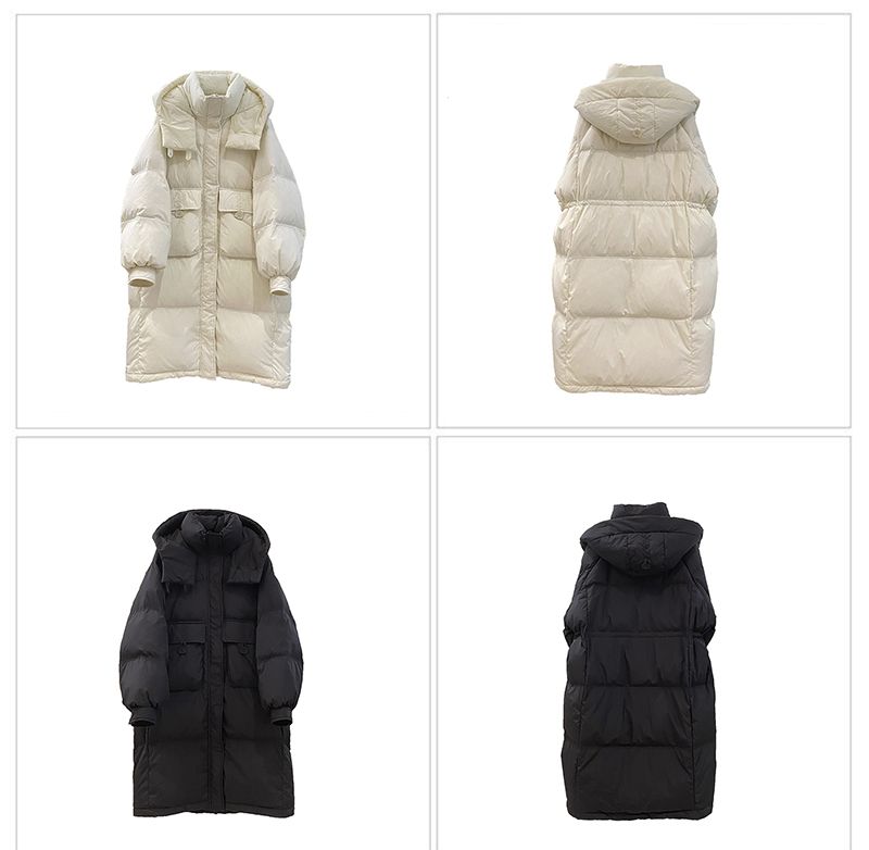 Nuovo 2024 di media lunghezza sopra il ginocchio per donna, versatile, spesso con cappuccio, giacca invernale in piumino d'anatra bianco con bottoni a metà_voghion.com