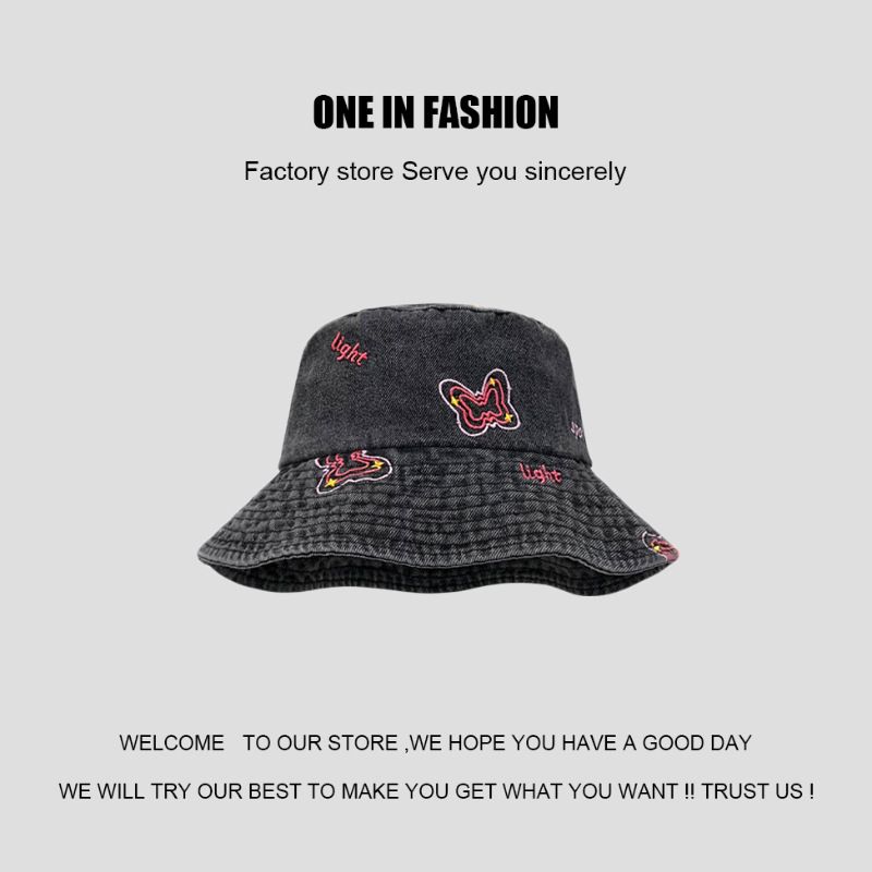 Designer Denim Butterfly Bucket Hat Men and Women Sweet Cool Basin Hat Wash Water Do Old Wide Brim Sun Hat Street Shot_voghion.com