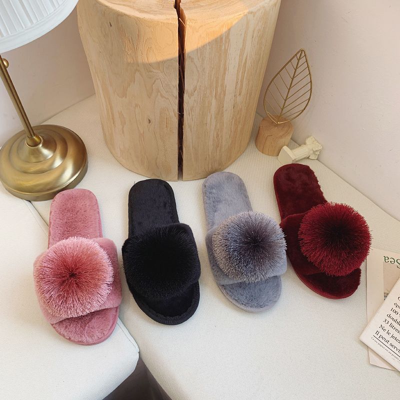 Pelzig mit Pompons, Ein-Wort für Frauen, Plüsch-Hausschuhe für den Innenbereich in Übergröße, Hausschuhe aus Baumwolle mit offenen Zehen_voghion.com
