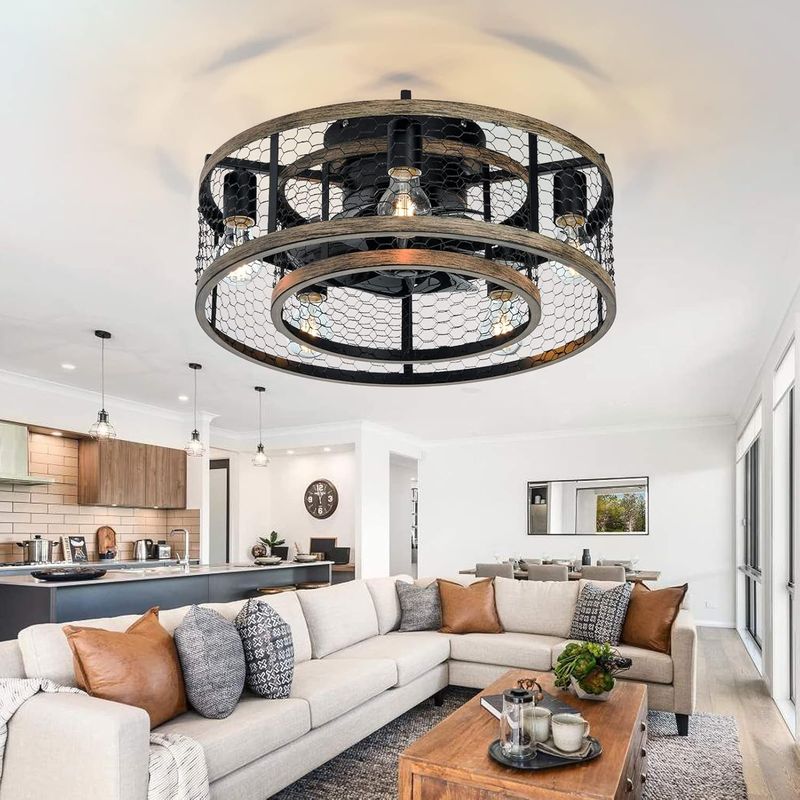 20 Inch Industrial Caged Ceiling Fan With 7-ABS Blades Remote Control, Small Ceiling Fan Reversible DC Motor - Black_voghion.com