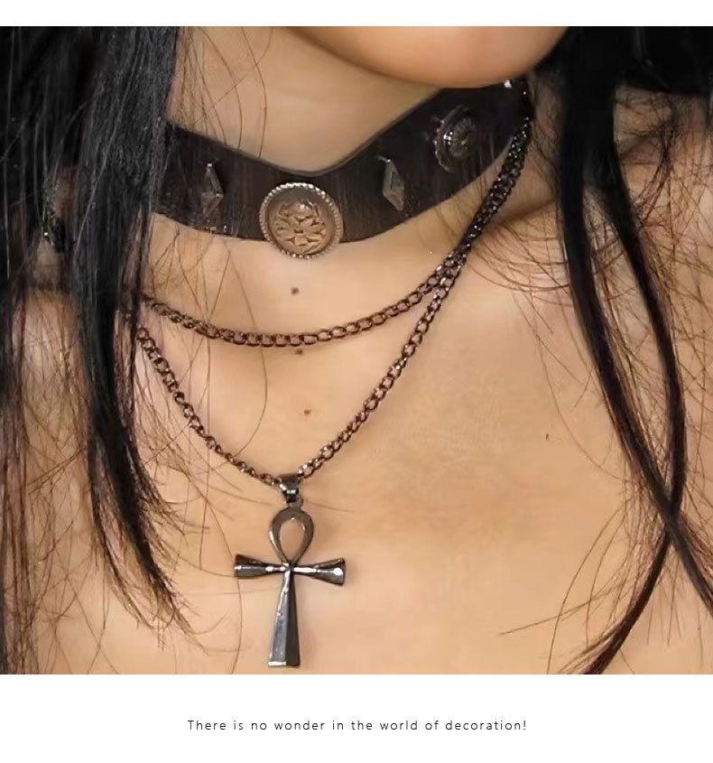 Maillard Brown Leather Retro Choker Collar Double Cross Roman Rivet Punk Versatile Necklace Trend_voghion.com