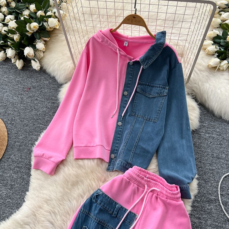 Casual Suit For Women Fashionable Design Splicing Hooded Sweatshirt High Waist Denim Splicing Wide Leg Pants Two Piece Set_voghion.com