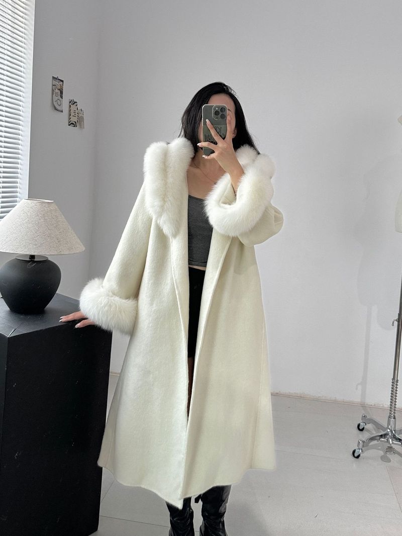 Damenbekleidung Luxuriöser doppelseitiger Wollmantel Langer Trenchcoat mit Gürtel und Fuchspelzbesatz für elegantes Pendeln_voghion.com