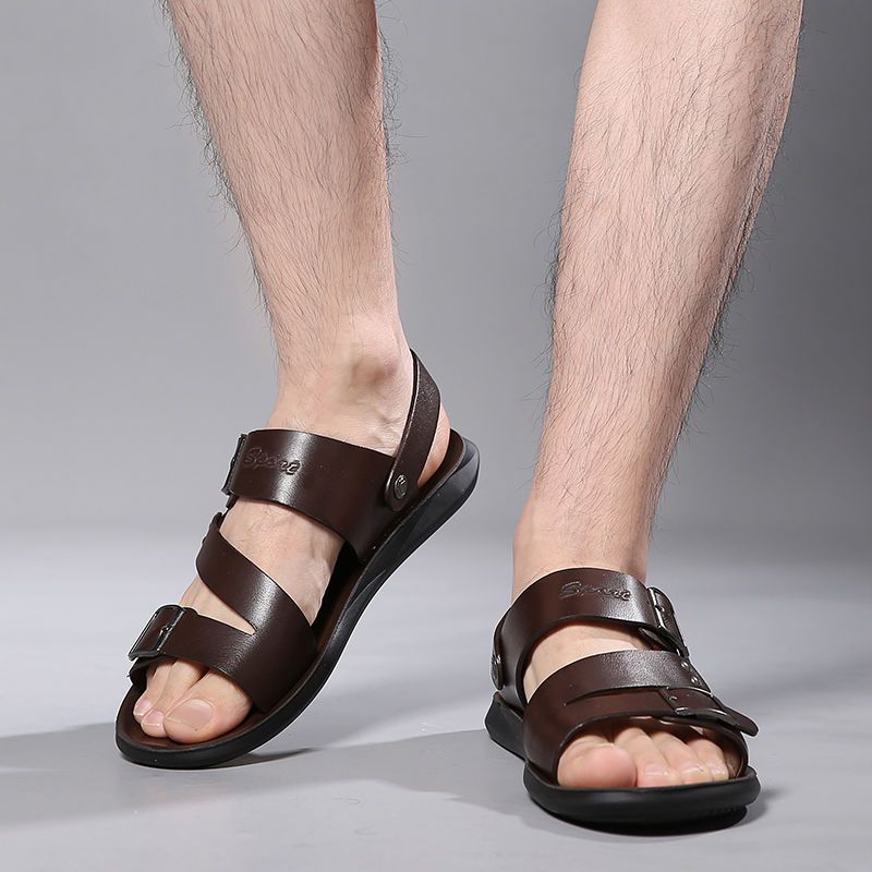 Fashion Comfortable Men's Sandals Solid Color Open Toe Mens Leather Sandals 2023 New Slippers Beach For Male Leather Footwear_voghion.com