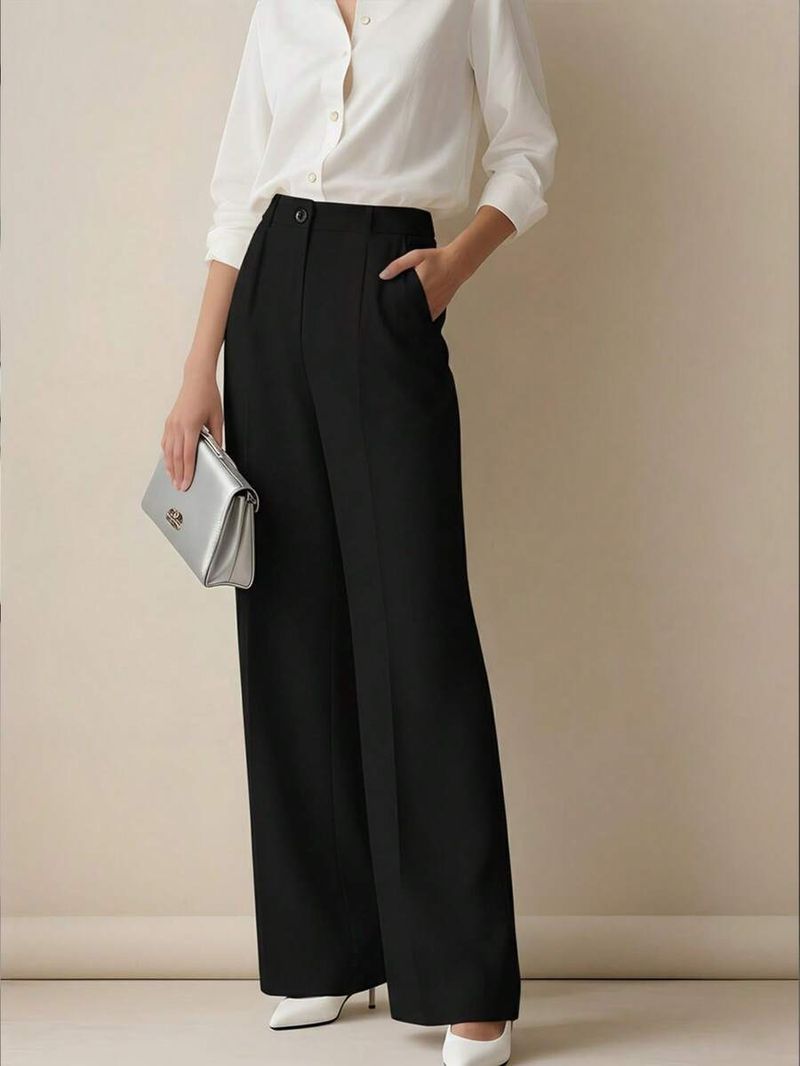 Women's High-Waisted Pleated Wide-Leg Pants – Comfortable Office & Casual Trousers, Stretch Polyester, Straight Fit_voghion.com