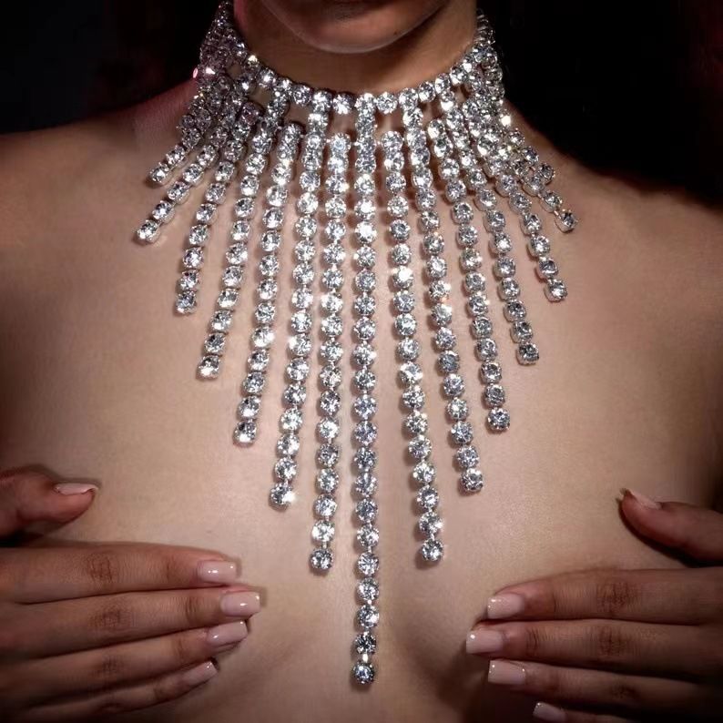 Collier à pampilles en strass tendance, luxueux, sexy, multicouche, exagéré, polyvalent, brillant, collier de clavicule entièrement en diamant_voghion.com