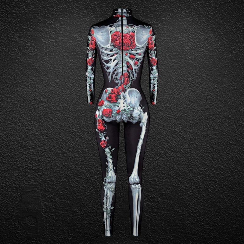 Ženska oblačila za noč čarovnic, ženski oprijeti kombinezon s potiskom človeškega okostja_voghion.com