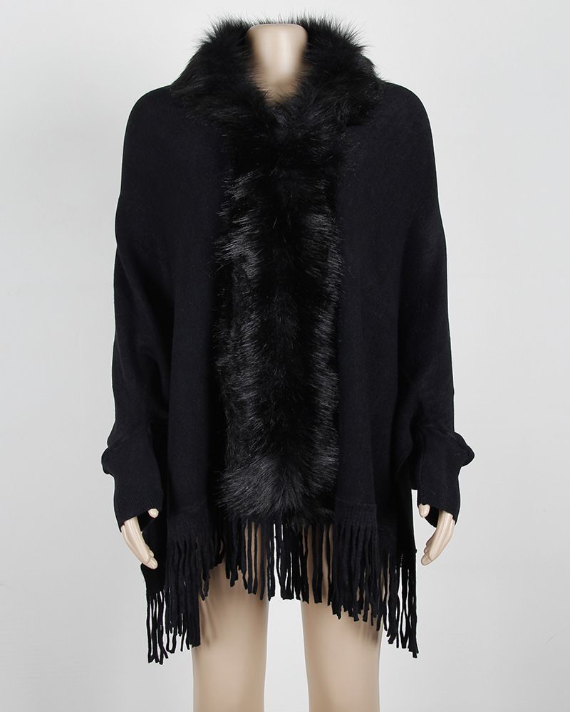 Maglione cardigan tinta unita in stile europeo e americano, autunno e inverno, con nappa e collo in pelliccia_voghion.com