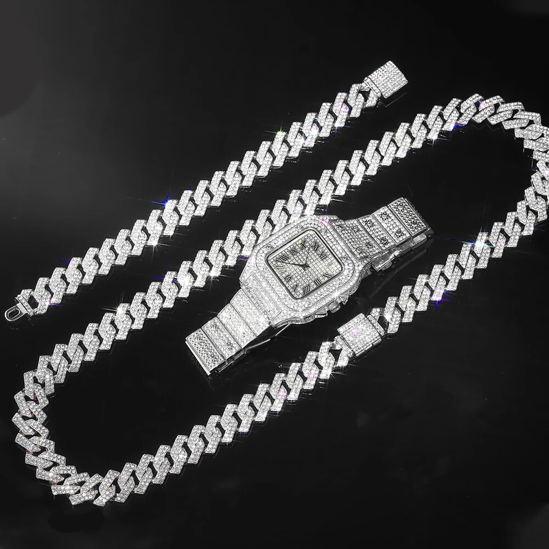 Relógio dourado cor hip hop miami curb corrente cubana gelo pavimentado strass bling rapper colar + relógio + pulseira joias_voghion.com