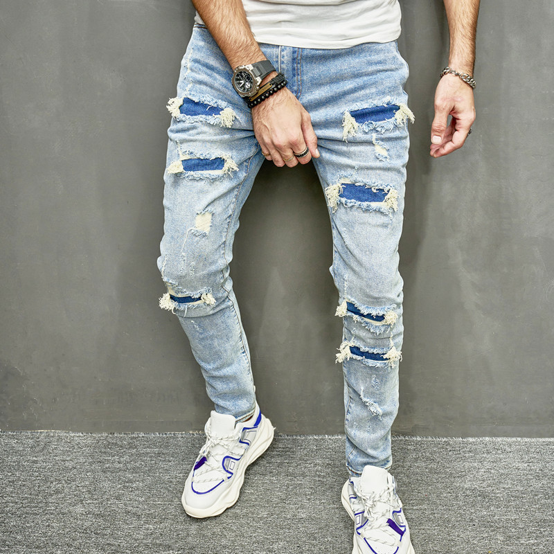 Meeste High Street Trendikas kaubamärk Ripped Slim Fit Väikese jalaga elastsed teksad Meeste Slim Fit_voghion.com