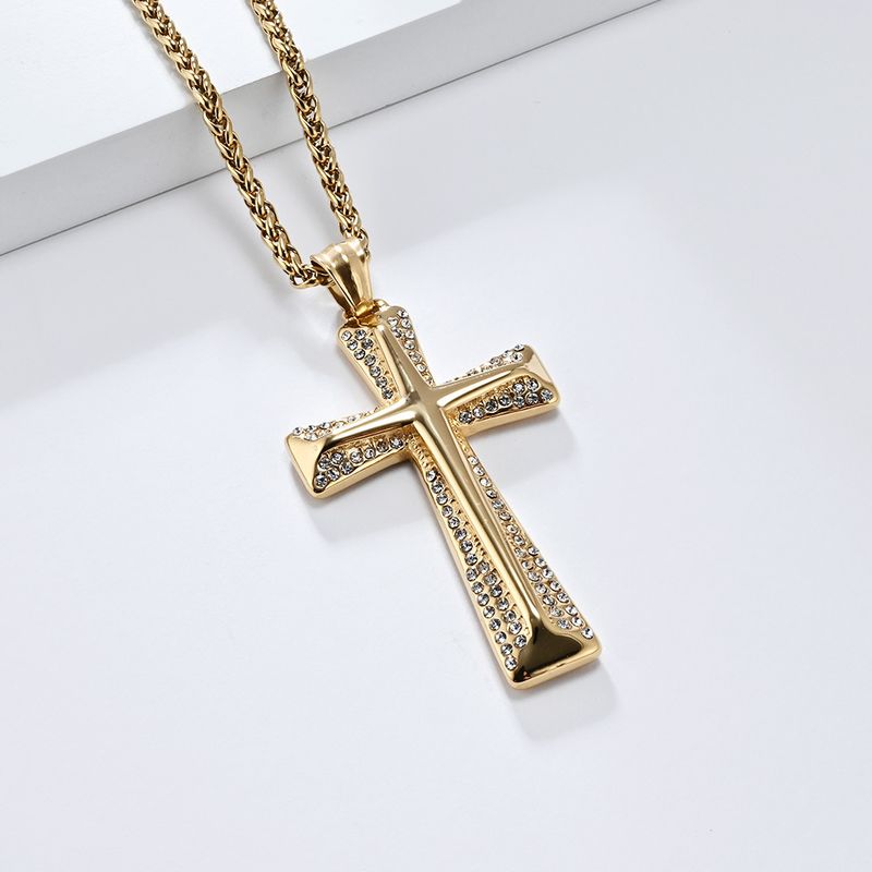 Collana con ciondolo a forma di croce in acciaio al titanio placcato oro con diamanti, stile Hip Hop, per uomo_voghion.com