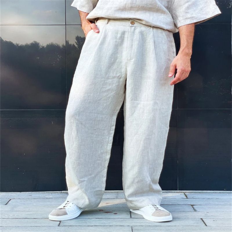 Herrenbekleidung Lockere Jogginghose aus Leinen mit hoher Taille und Falten, atmungsaktive Freizeithose für jeden Tag_voghion.com