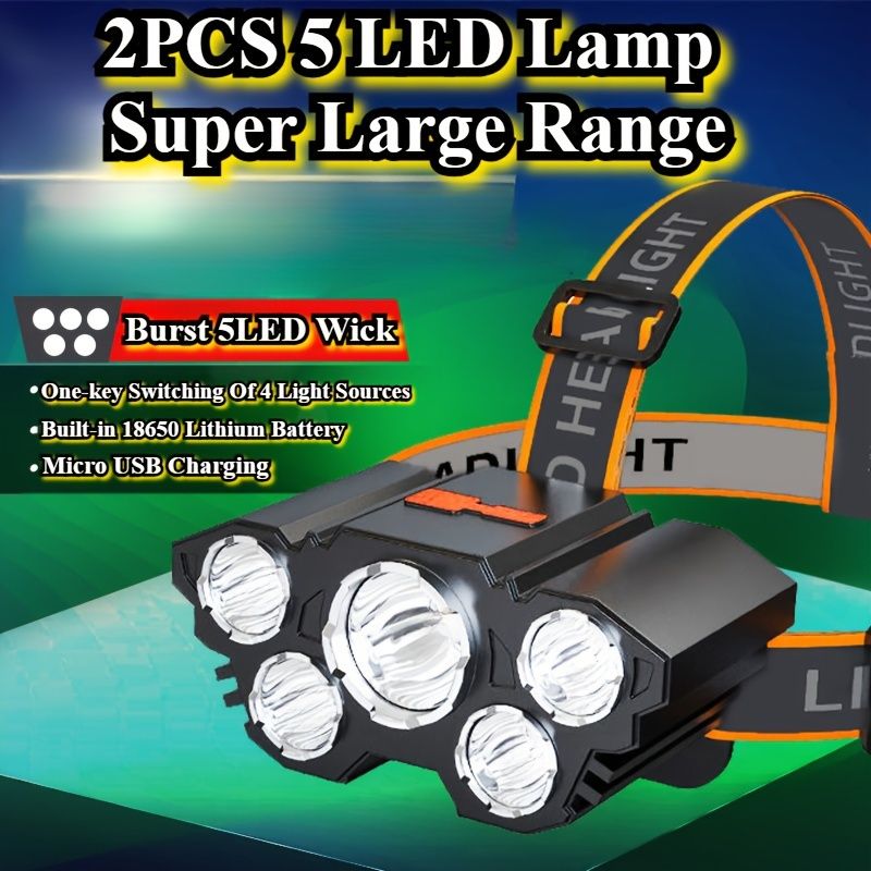 Koop er één en krijg er één gratis bij 2 stuks 5LED koplamp zaklamp USB-oplaadbaar, sterk licht, 4 modi voor kamperen, werk, auto-onderhoud, vissen, buiten_voghion.com