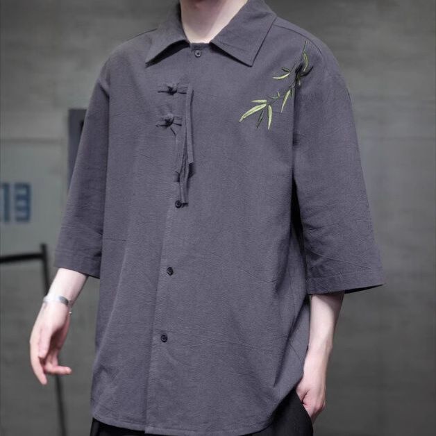 2025 Zomer Dunne Tang Kleding Hanfu Nieuwe Chinese Stijl Knopen Borduurwerk Top Losse IJs Zijden Korte Mouwen Shirt Voor Mannen_voghion.com