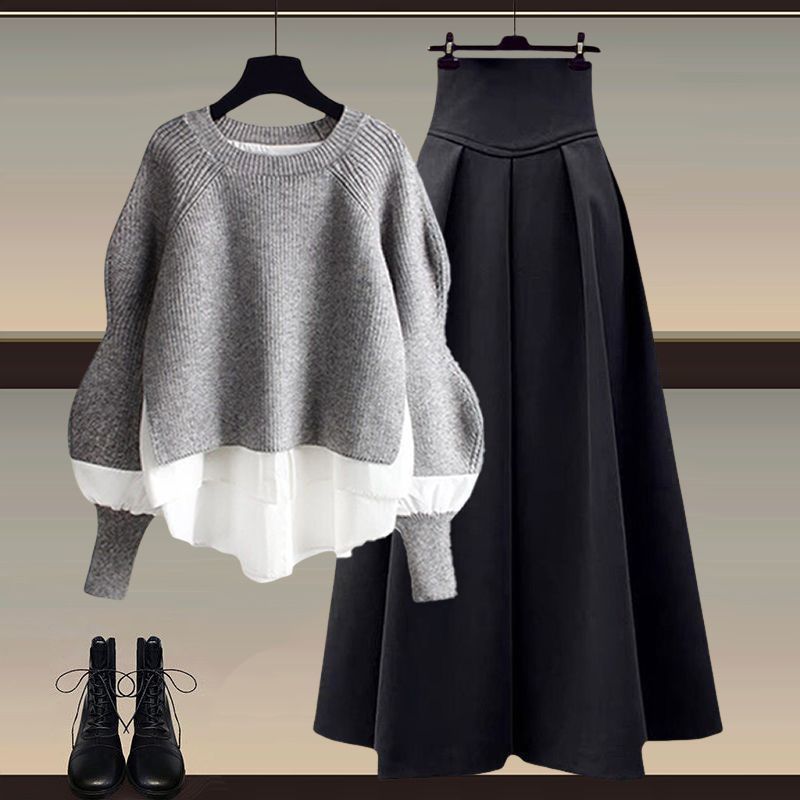 Roupas femininas Ternos de outono Tamanho grande Tops de duas peças Temperamento Saia fina Terno de duas peças_voghion.com