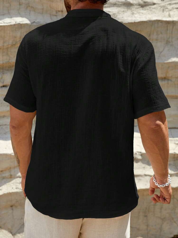 Camicia da uomo a strato singolo, traspirante, con colletto alto, a maniche corte, alla moda, semplice, tinta unita_voghion.com