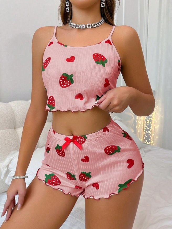 Zweiteiliges Set aus Camisole-Shorts mit Herz-Print und sexy Loungewear aus Milchseide_voghion.com