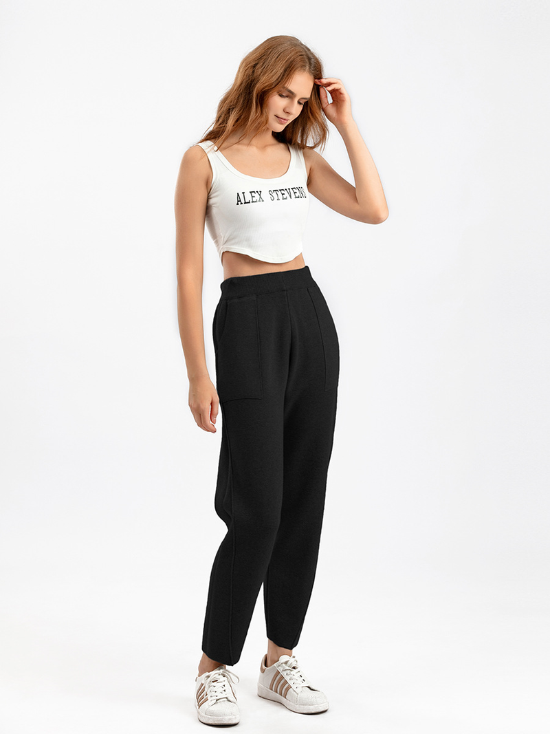 Dames gebreide Haren broek met hoge taille, losse en dunne radijsbroek Koreaanse versie van casual negenpuntsbroek_voghion.com