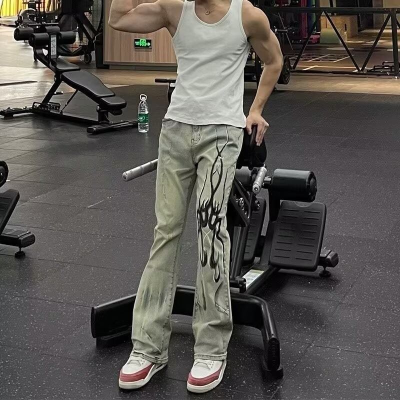 American High Street Washed Distressed Retro Flared Jeans Herren Flamme Afterimage Print Mopping Freizeithose_voghion.com