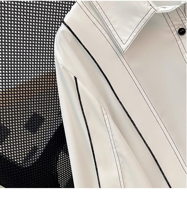 Abbigliamento da donna Primavera Camicia a maniche lunghe a contrasto a righe bianche e nere per donna Polo Collar Camicia da pendolare per temperamento_voghion.com