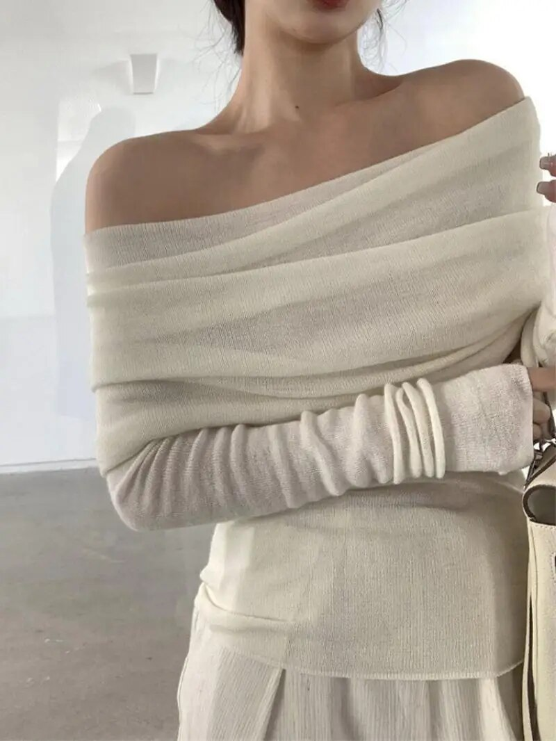 Top a maniche lunghe con spalle scoperte T-shirt a pieghe slim autunno da donna Maglione lavorato a maglia sottile casual moda femminile sexy728_voghion.com