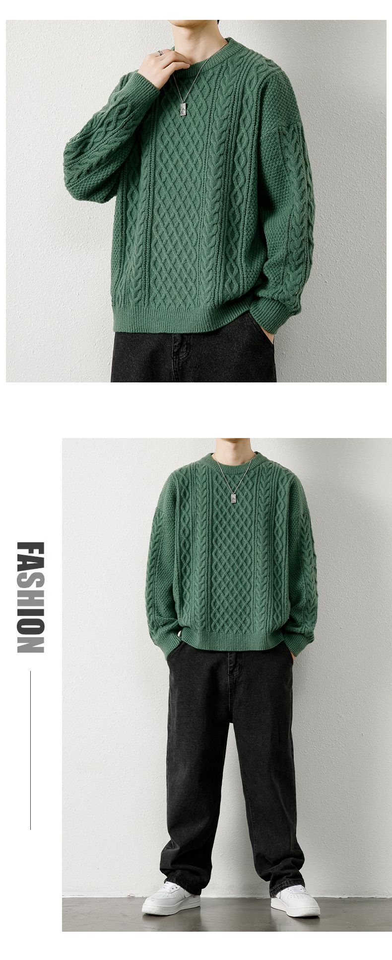 Herren-Zopfmusterpullover, warmer Winterpullover, Rundhalsausschnitt, dick gestrickte Basisschicht, lässig, lockere Passform, trendiger Pullover_voghion.com