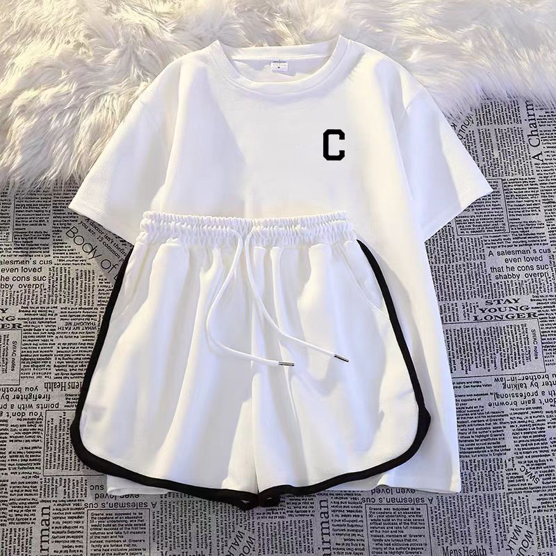 Ensemble 2 pièces ample style coréen pour femme : haut à manches courtes en soie de lait et short à cordon de serrage (vêtements de sport décontractés, tendance et polyvalents)_voghion.com