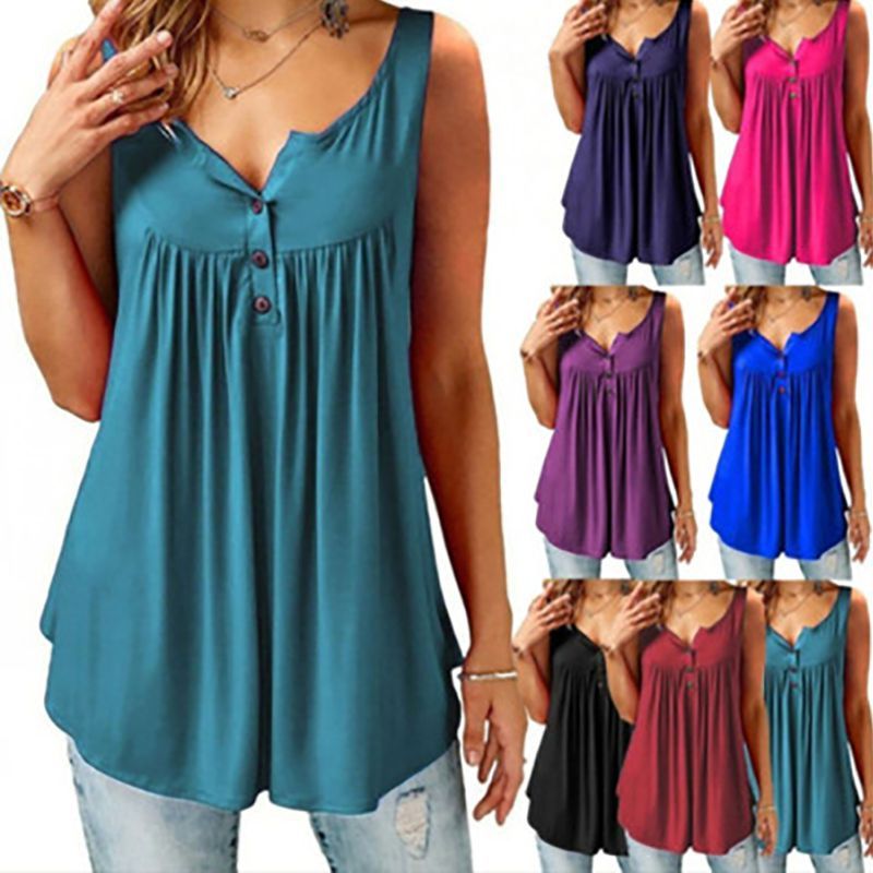 Women Ruffle Elegant O Neck Swing Tunic Blouses In Chic Design Button Sleeveless_voghion.com