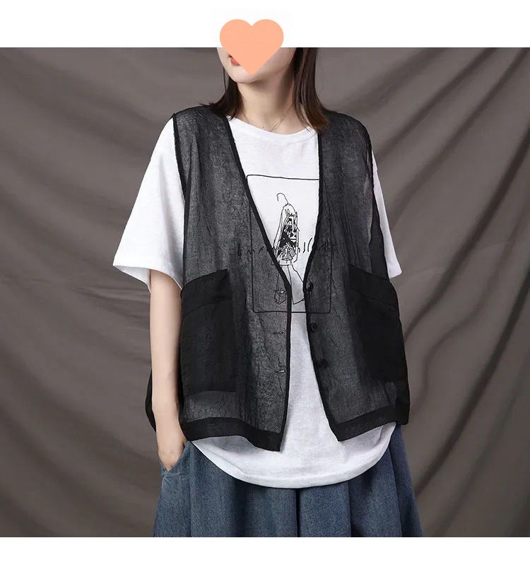 Gilet sans manches léger et polyvalent pour femme grande taille, style artistique, à bordure croisée, idéal pour l'automne._voghion.com