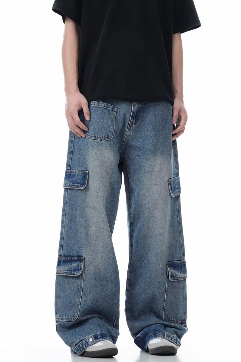 Pantaloni casual a gamba larga da strada, jeans cargo blu dritti lavati multitasche americani_voghion.com