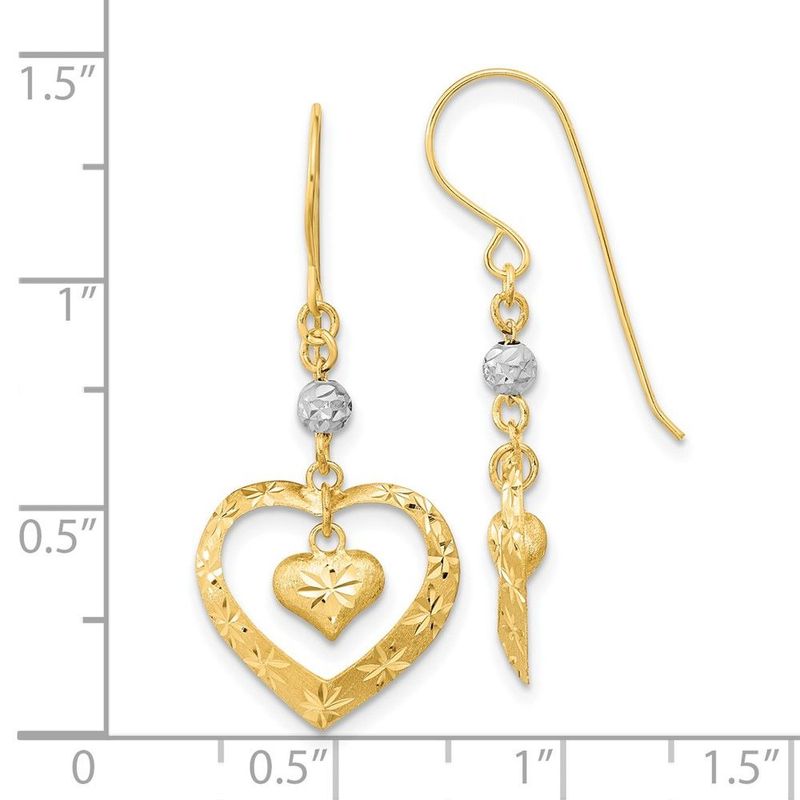14k Two-tone Satin D/C Heart Dangle Shepherd Hook Earrings_voghion.com