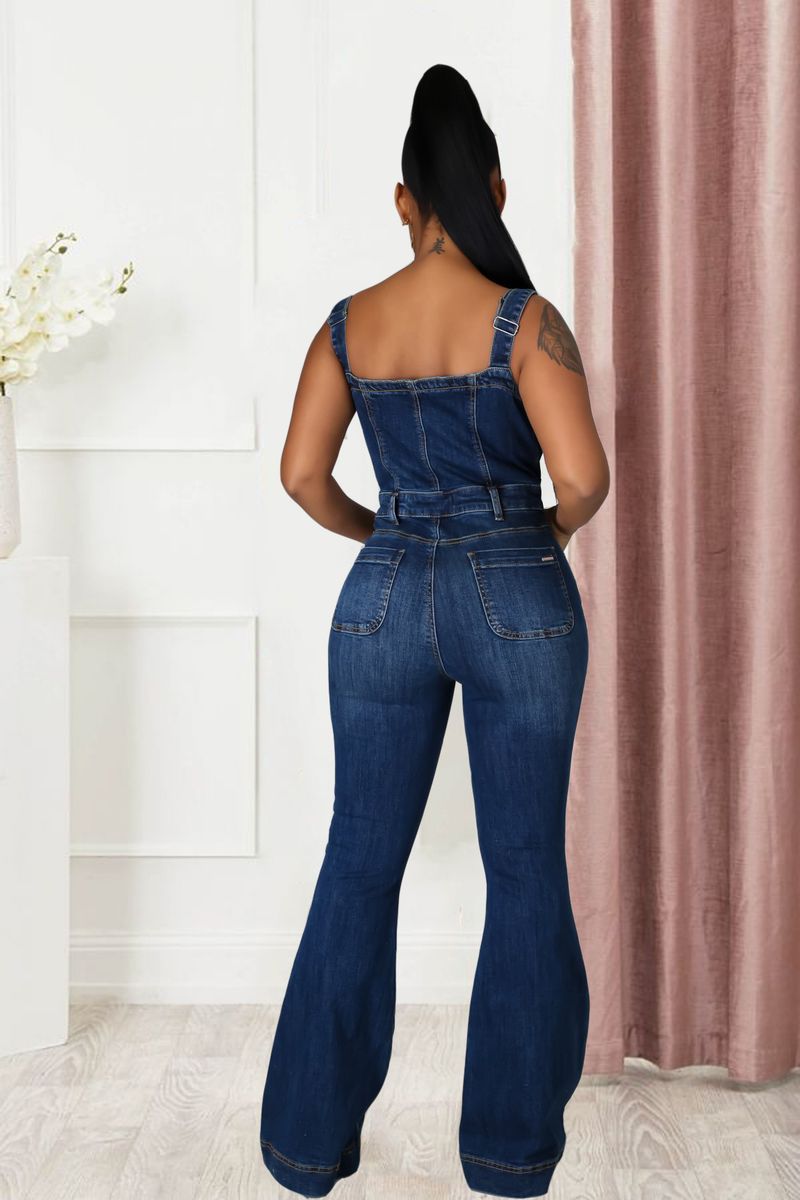 Roupas femininas Casual Sexy Suspensórios Denim Macacão Calças de perna larga_voghion.com