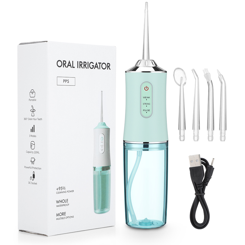 Munddusche, tragbare Dental-Wasserflosser, USB wiederaufladbar, Wasserstrahl, Zahnseide, Zahnstocher, 4 Düsenspitzen, 220 ml, 3 Modi, IPX7, 1400 U/min_voghion.com