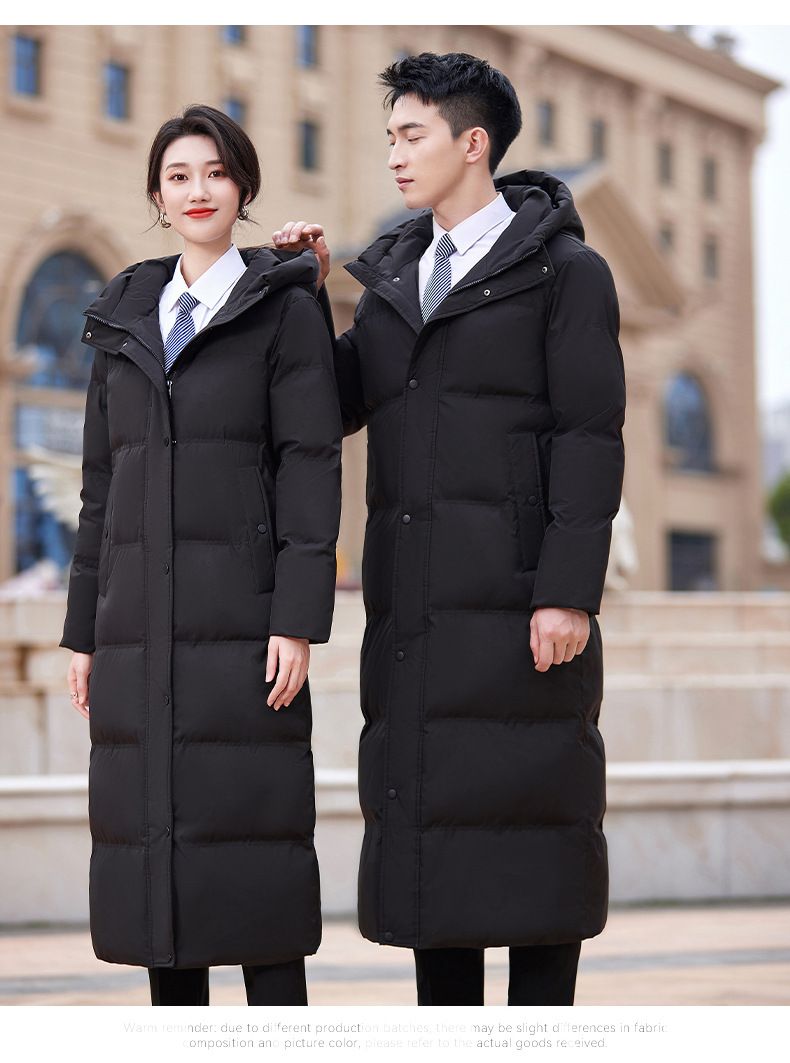 Damen Mittellange Daunenjacke Juweliergeschäft Berufsbekleidung Hotelrezeption Verkaufsabteilung Schwarzer Baumwollmantel_voghion.com