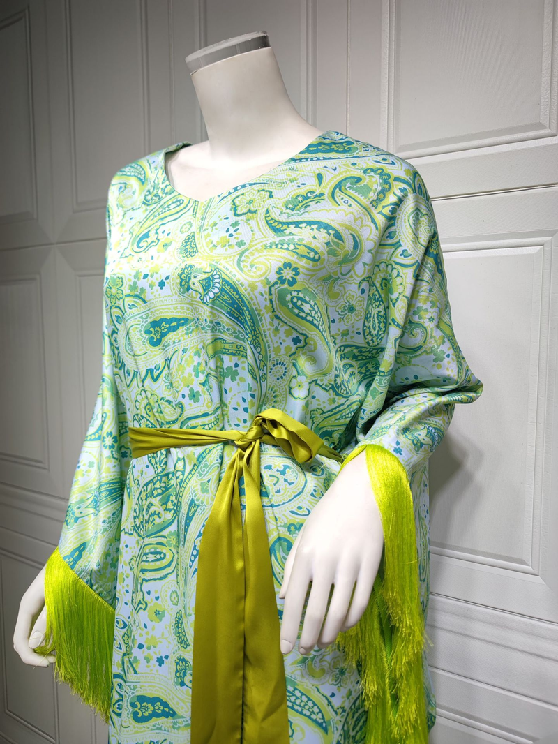 Women's Clothing Green Tassel Bat Sleeve Plus Size Southeast Dress_voghion.com