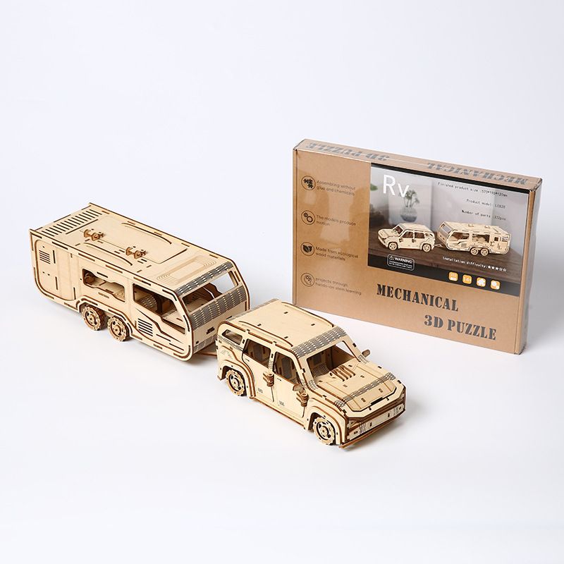 Wooden trailer RV puzzle handmade toys 3D wooden three-dimensional puzzle creative children's wooden toys_voghion.com