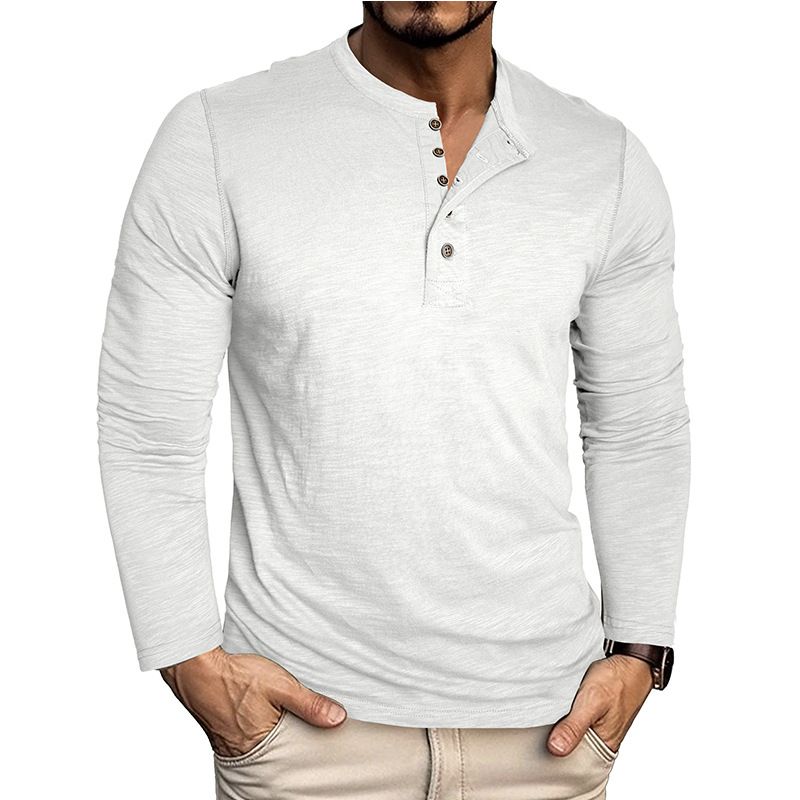 T-Shirt zum Knöpfen für Herren – Weiches Langarm-T-Shirt aus Bambusbaumwolle mit Rundhalsausschnitt für den Alltag (Schwarz, Marineblau, Militärgrün, Weiß, Khaki)_voghion.com